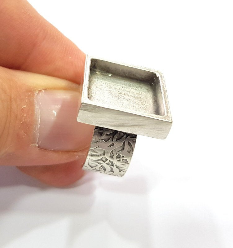 Silver Ring Blank Setting Cabochon Base inlay Ring Backs Mounting Adjustable Ring Base Bezel (16x16mm blank) Antique Silver Plated G15482