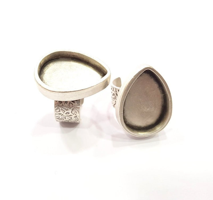 Silver Ring Blank Setting Cabochon Base inlay Ring Back Mounting Adjustable Ring Base Bezel (25x18mm drop blank)Antique Silver Plated G15483