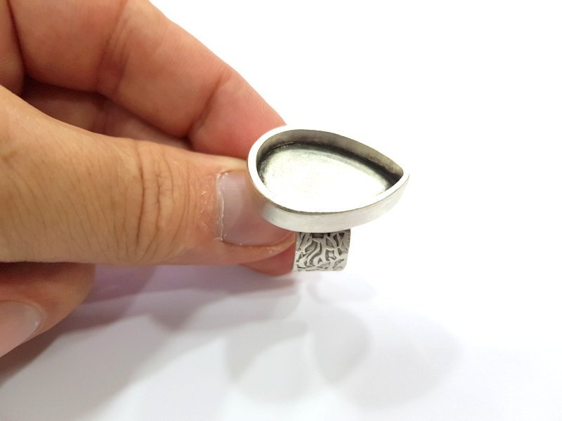 Silver Ring Blank Setting Cabochon Base inlay Ring Back Mounting Adjustable Ring Base Bezel (25x18mm drop blank)Antique Silver Plated G15483