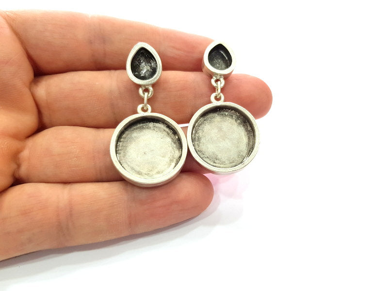 Earring Blank Backs Base Setting Silver Resin Blank Cabochon Base inlay Blank Mounting Antique Silver Plated Metal (10x8+20mm) 1 Pair G15494