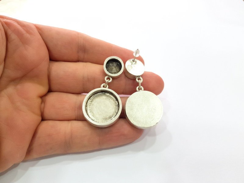 Earring Blank Backs Base Setting Silver Resin Blank Cabochon Base inlay Blank Mounting Antique Silver Plated Metal (10mm+20mm) 1 Pair G15497