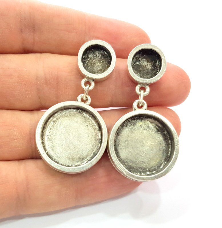 Earring Blank Backs Base Setting Silver Resin Blank Cabochon Base inlay Blank Mounting Antique Silver Plated Metal (10mm+20mm) 1 Pair G15497