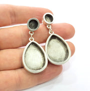 Earring Blank Backs Base Setting Silver Resin Blank Cabochon Base inlay Blank Mounting Antique Silver Plated Metal (8+25x18mm) 1 Pair G15500