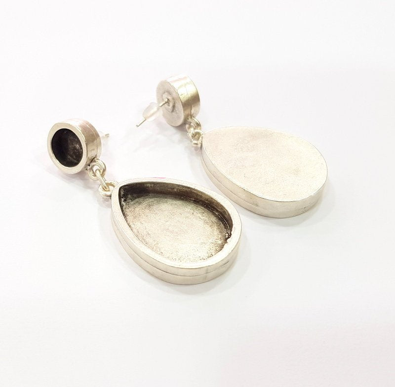 Earring Blank Backs Base Setting Silver Resin Blank Cabochon Base inlay Blank Mounting Antique Silver Plated Metal (8+25x18mm) 1 Pair G15500
