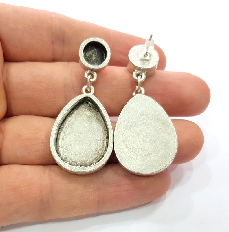 Earring Blank Backs Base Setting Silver Resin Blank Cabochon Base inlay Blank Mounting Antique Silver Plated Metal (8+25x18mm) 1 Pair G15500