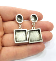 Earring Blank Backs Base Setting Silver Resin Blank Cabochon Base inlay Blank Mounting Antique Silver Plated Metal (10x8+16mm) 1 Pair G15501