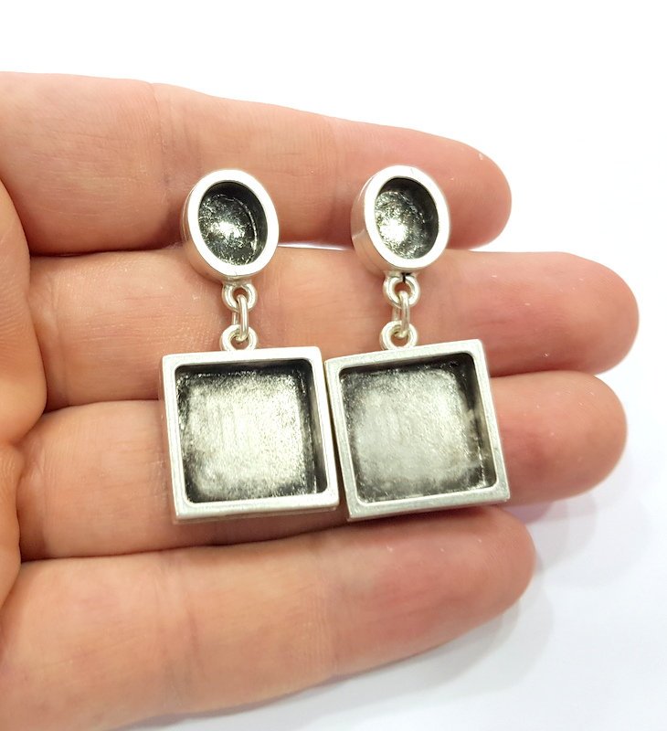 Earring Blank Backs Base Setting Silver Resin Blank Cabochon Base inlay Blank Mounting Antique Silver Plated Metal (10x8+16mm) 1 Pair G15501