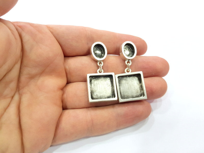 Earring Blank Backs Base Setting Silver Resin Blank Cabochon Base inlay Blank Mounting Antique Silver Plated Metal (10x8+16mm) 1 Pair G15501