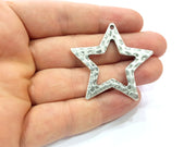 2 Star Pendant Hammered Silver Pendant Antique Silver Plated Metal (44x40mm) G15857