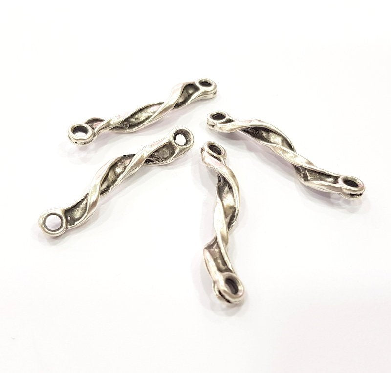 4 Folded Stick Connector Ringed Rod Connector Twisted Connector Antique Silver Plated Metal (20x4mm) G15516