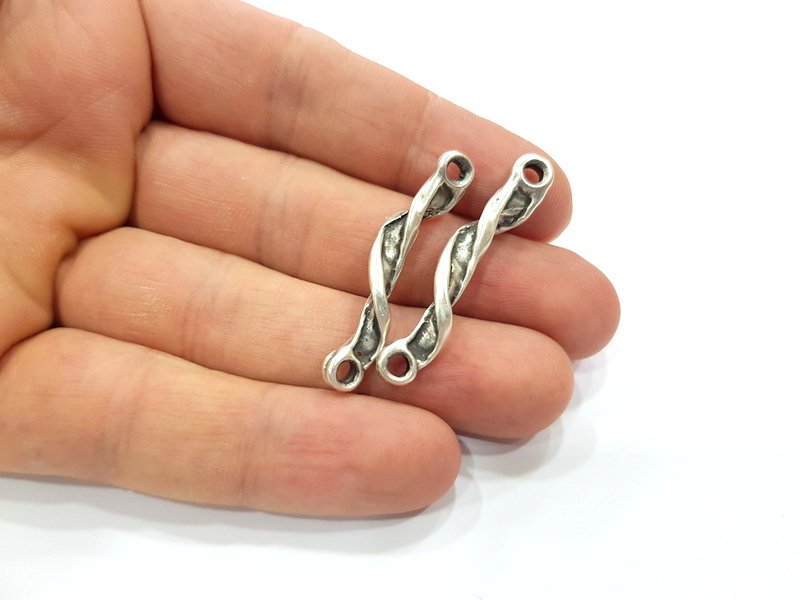 4 Folded Stick Connector Ringed Rod Connector Twisted Connector Antique Silver Plated Metal (20x4mm) G15516