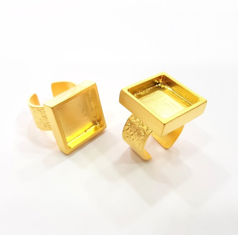 Gold Ring Blank Setting Cabochon Base inlay Ring Backs Mounting Adjustable Ring Base Bezel (16x16mm blank ) Gold Plated Metal G15527