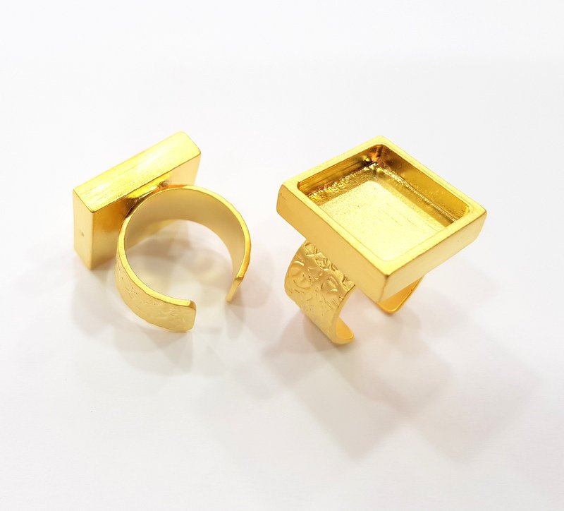 Gold Ring Blank Setting Cabochon Base inlay Ring Backs Mounting Adjustable Ring Base Bezel (16x16mm blank ) Gold Plated Metal G15527