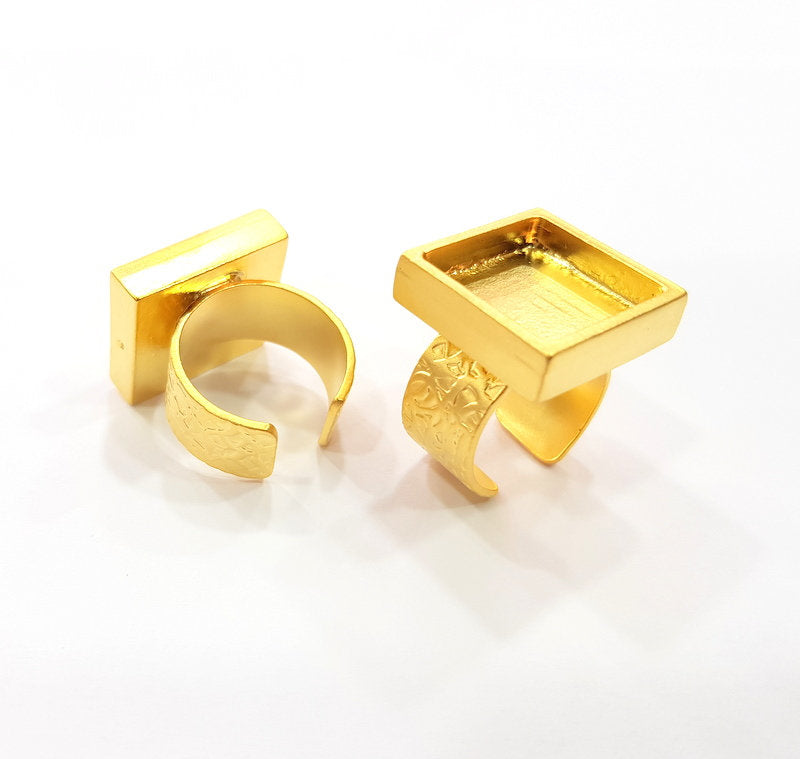 Gold Ring Blank Setting Cabochon Base inlay Ring Backs Mounting Adjustable Ring Base Bezel (16x16mm blank ) Gold Plated Metal G15527