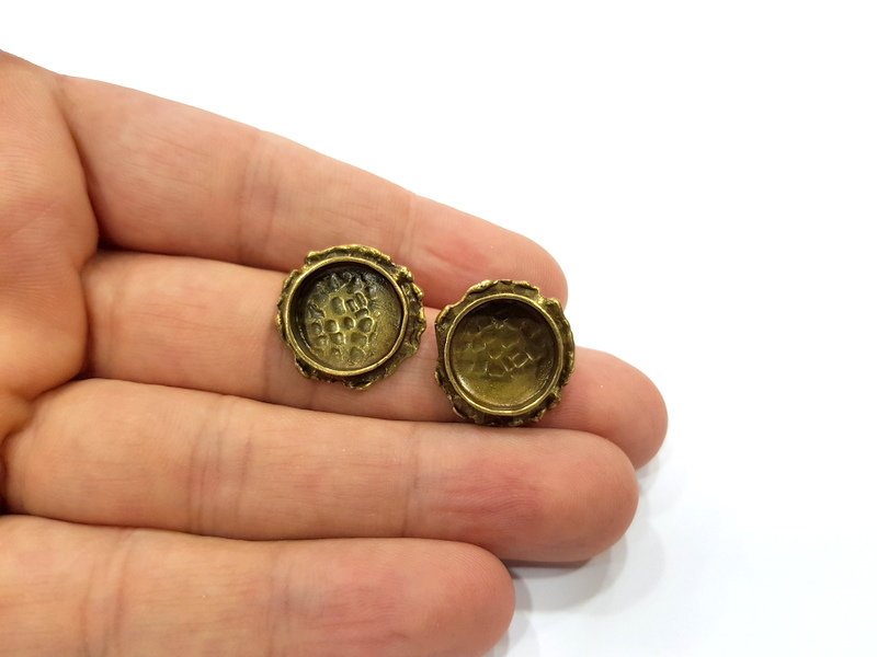 Earring Blank Backs Antique Bronze Resin Base inlay Cabochon Mountings Setting Antique Bronze Plated Brass (14mm blank) 1 pair G15584
