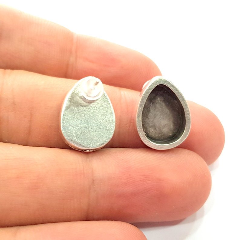 Earring Blank Base Settings Silver Resin Blank Cabochon Base inlay Blank Mountings Antique Silver Plated Metal (14x10mm blank) 1 Set  G14647