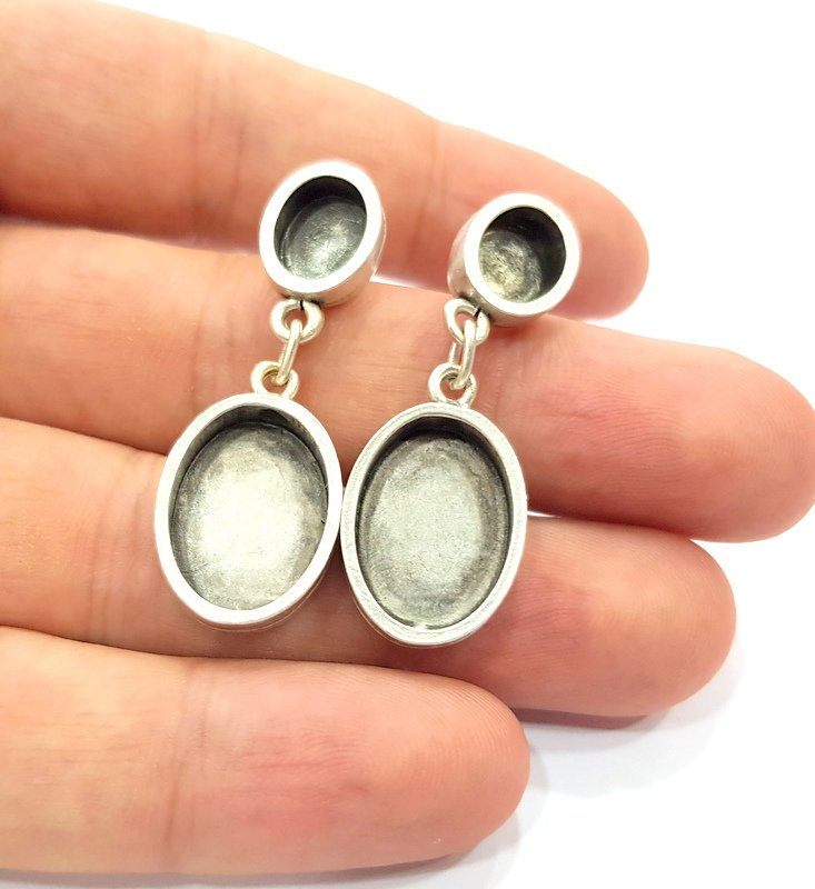 Earring Blank Base Settings Silver Resin Blank Cabochon Base inlay Blank Mountings Antique Silver Plated Metal (10x8+13x18mm ) 1 Set  G14648