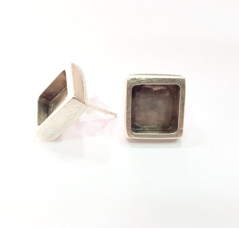 Earring Blank Base Settings Silver Resin Blank Cabochon Base inlay Blank Mountings Antique Silver Plated Metal (10x10mm blank) 1 Set  G15406