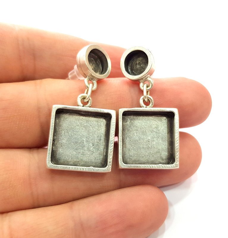 Earring Blank Base Settings Silver Resin Blank Cabochon Base inlay Blank Mountings Antique Silver Plated Metal (8+15x15mm ) 1 Set  G14652