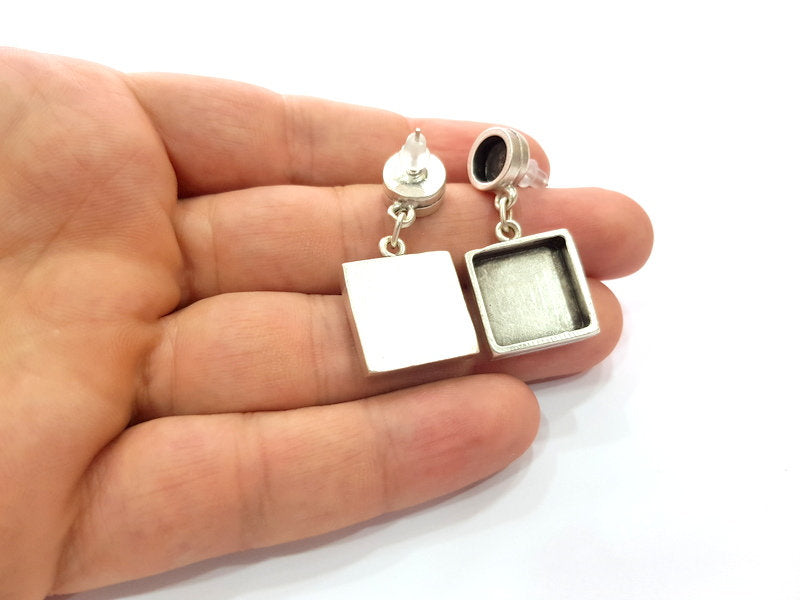 Earring Blank Base Settings Silver Resin Blank Cabochon Base inlay Blank Mountings Antique Silver Plated Metal (8+15x15mm ) 1 Set  G14652