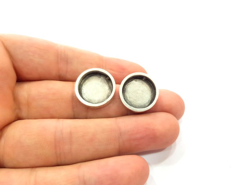 Earring Blank Base Settings Silver Resin Blank Cabochon Base inlay Blank Mountings Antique Silver Plated Metal (16mm blank) 1 Set  G15617