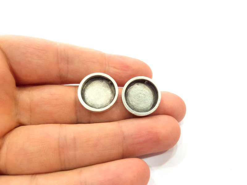 Earring Blank Base Settings Silver Resin Blank Cabochon Base inlay Blank Mountings Antique Silver Plated Metal (16mm blank) 1 Set  G15617