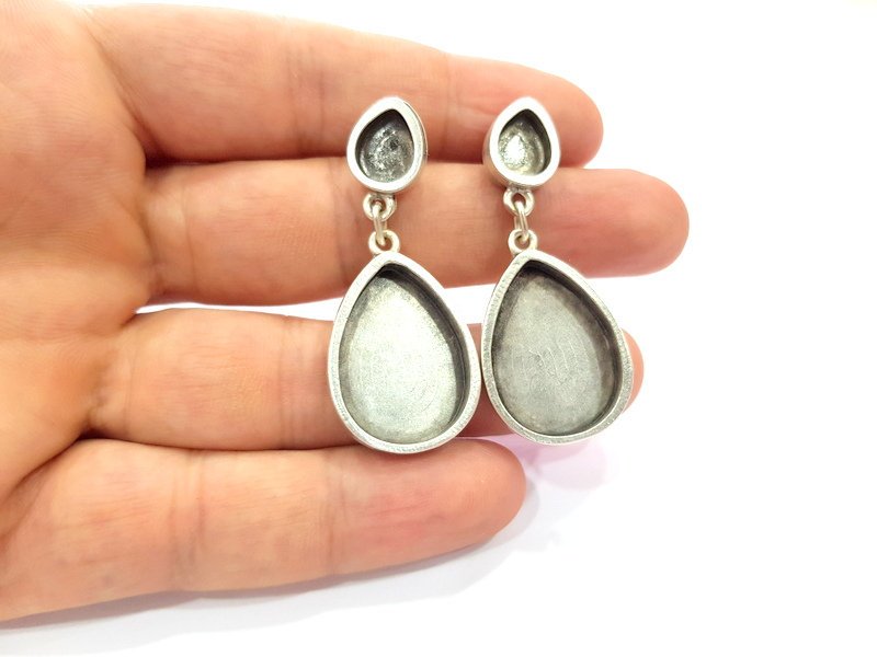 Earring Blank Base Settings Silver Resin Blank Cabochon Base inlay Blank Mountings Antique Silver Plated Metal (10x8+24x17mm ) 1 Set  G14656