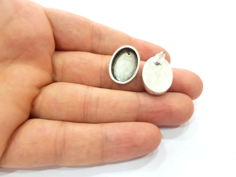 Earring Blank Base Settings Silver Resin Blank Cabochon Base inlay Blank Mountings Antique Silver Plated Metal (18x13mm blank) 1 Set  G15409