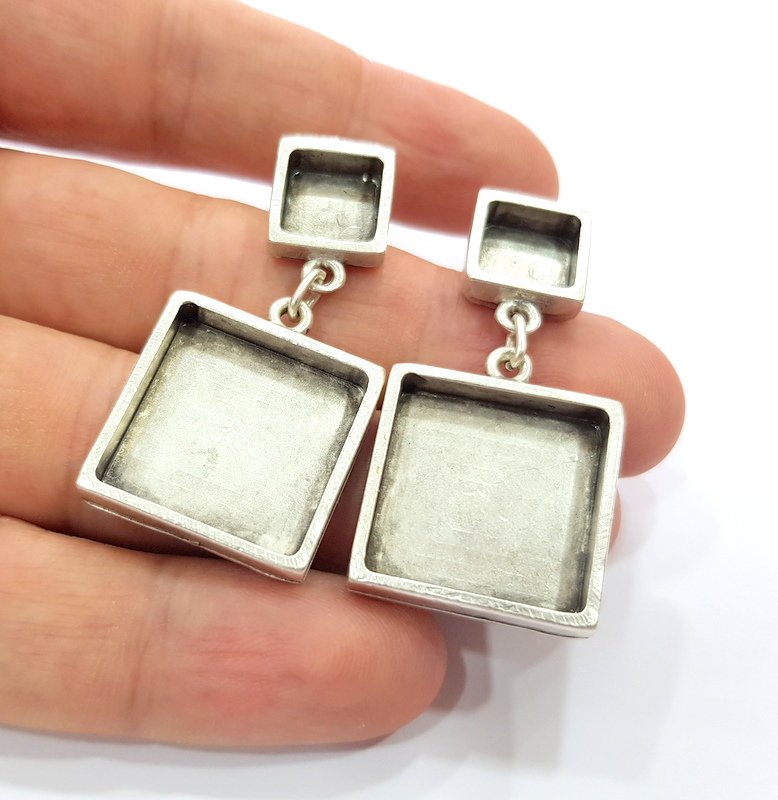 Earring Blank Base Settings Silver Resin Blank Cabochon Base inlay Blank Mountings Antique Silver Plated Metal (10x10+20x20mm) 1 Set  G16746