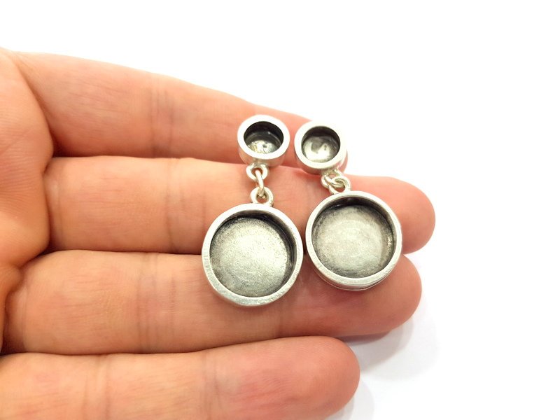 Earring Blank Base Settings Silver Resin Blank Cabochon Base inlay Blank Mountings Antique Silver Plated Metal (8+16mm) 1 Set  G14663