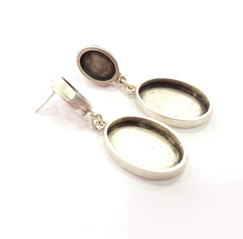 Earring Blank Base Settings Silver Resin Blank Cabochon Base inlay Blank Mountings Antique Silver Plated Metal (14x10+25x18mm) 1 Set  G14664