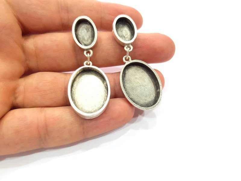 Earring Blank Base Settings Silver Resin Blank Cabochon Base inlay Blank Mountings Antique Silver Plated Metal (14x10+25x18mm) 1 Set  G14664