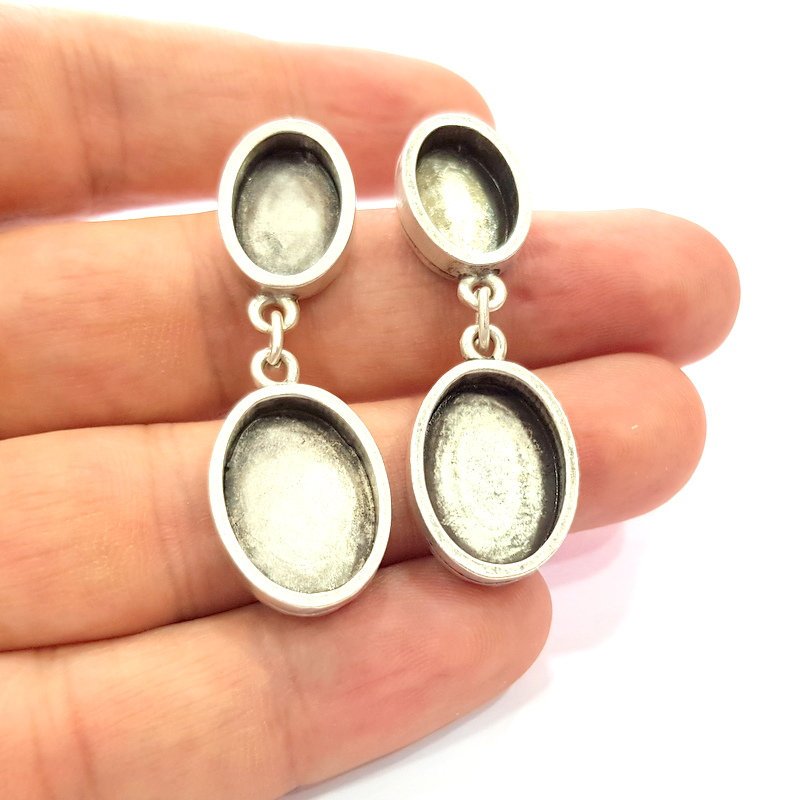 Earring Blank Base Settings Silver Resin Blank Cabochon Base inlay Blank Mountings Antique Silver Plated Metal (14x10+13x18mm) 1 Set  G14667
