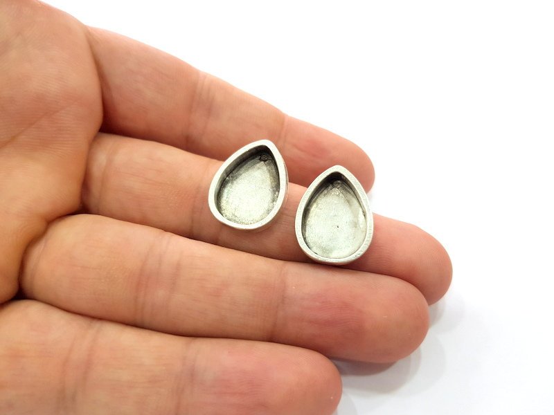 Earring Blank Base Settings Silver Resin Blank Cabochon Base inlay Blank Mountings Antique Silver Plated Metal (18x13mm blank) 1 Set  G17223