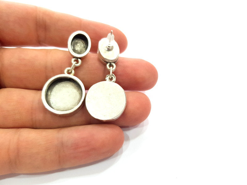 Earring Blank Base Settings Silver Resin Blank Cabochon Base inlay Blank Mountings Antique Silver Plated Metal (10x8+18mm ) 1 Pair G15612