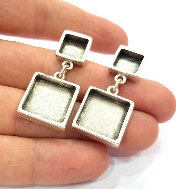 Earring Blank Base Settings Silver Resin Blank Cabochon Base inlay Blank Mountings Antique Silver Plated Metal (10x10+16x16mm) 1 pair G15405