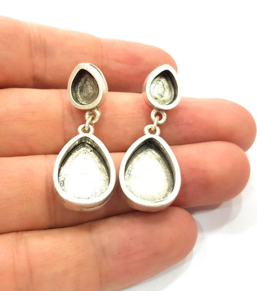 Earring Blank Base Settings Silver Resin Blank Cabochon Base inlay Blank Mountings Antique Silver Plated Metal (18x13+10x8mm) 1 Set  G15407