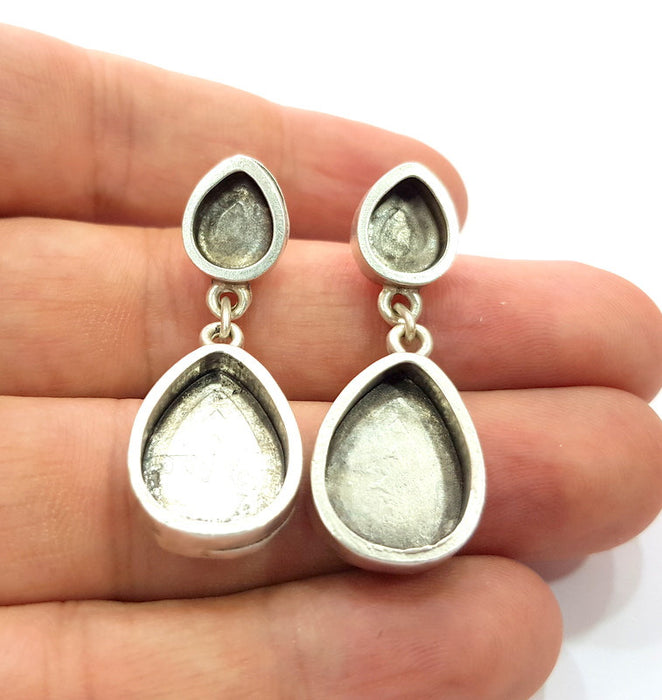 Earring Blank Base Settings Silver Resin Blank Cabochon Base inlay Blank Mountings Antique Silver Plated Metal (18x13+10x8mm) 1 Set  G15407