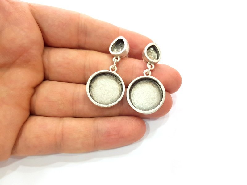 Earring Blank Base Settings Silver Resin Blank Cabochon Base inlay Blank Mountings Antique Silver Plated Metal (9x8+18mm) 1 Set  G15408