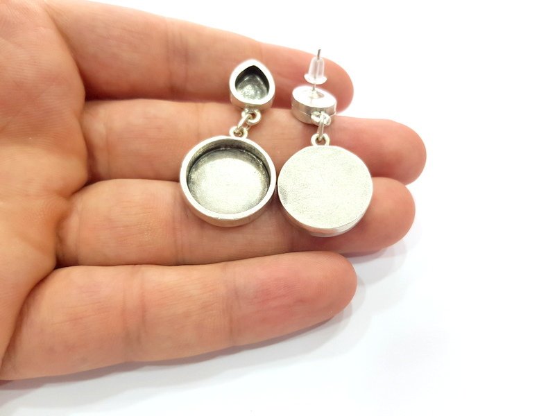 Earring Blank Base Settings Silver Resin Blank Cabochon Base inlay Blank Mountings Antique Silver Plated Metal (9x8+18mm) 1 Set  G15408