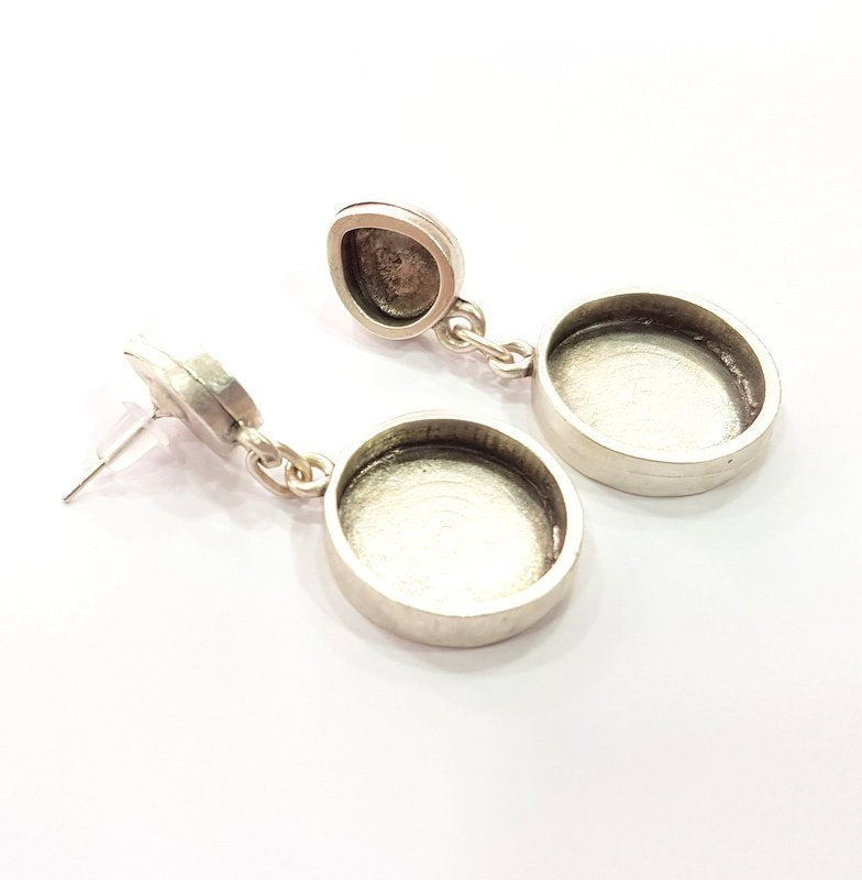 Earring Blank Base Settings Silver Resin Blank Cabochon Base inlay Blank Mountings Antique Silver Plated Metal (9x8+18mm) 1 Set  G15408