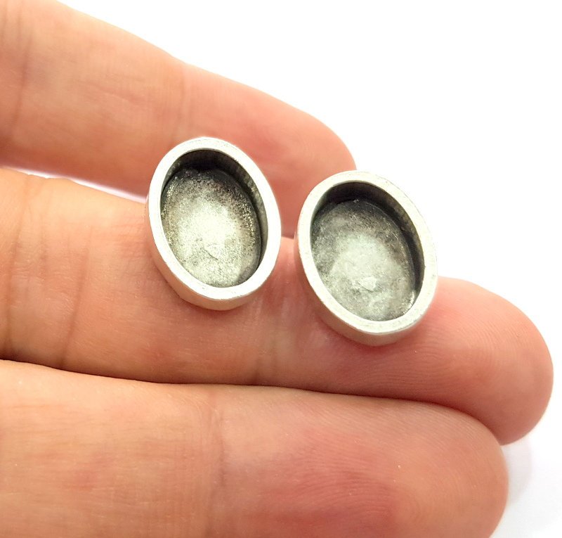 Earring Blank Base Settings Silver Resin Blank Cabochon Base inlay Blank Mountings Antique Silver Plated Metal (14x10mm blank) 1 Set  G14680