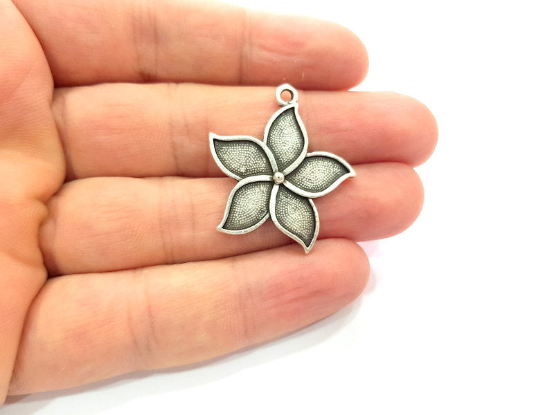 2 Flower Charm Silver Charms Antique Silver Plated Metal (30mm) G14682