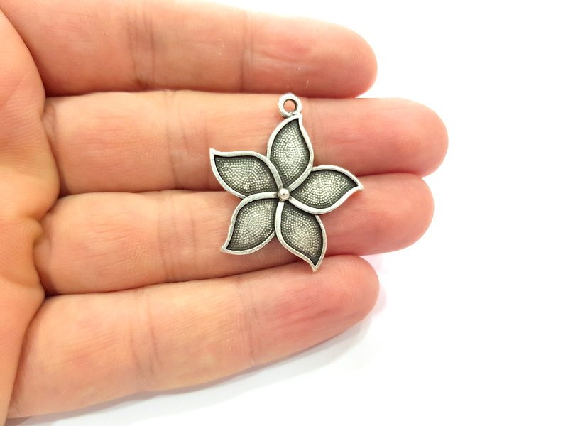 2 Flower Charm Silver Charms Antique Silver Plated Metal (30mm) G14682