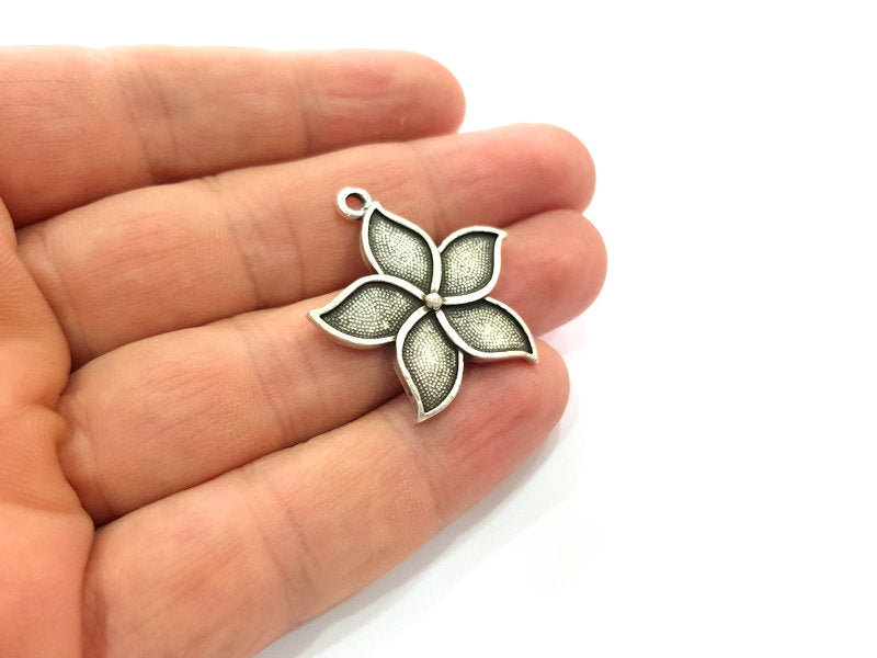 2 Flower Charm Silver Charms Antique Silver Plated Metal (30mm) G14682