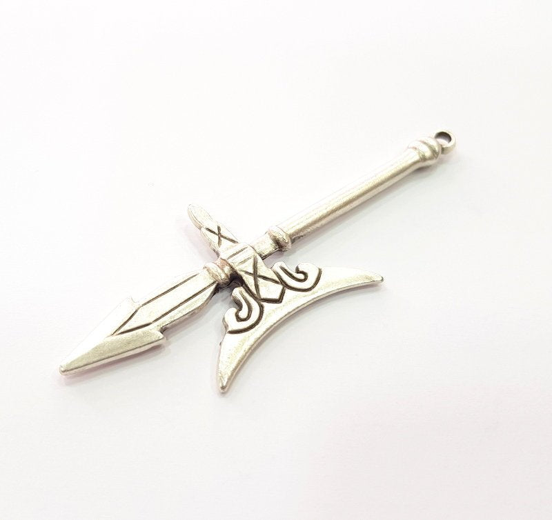 Battle Axe Pendant Silver Pendant Antique Silver Plated Metal (77x28mm) G14689