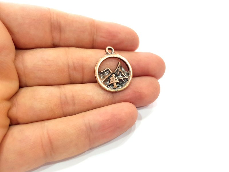 4 Mountain and Tree Charm Antique Copper Charm Antique Copper Plated Metal (20mm) G14734
