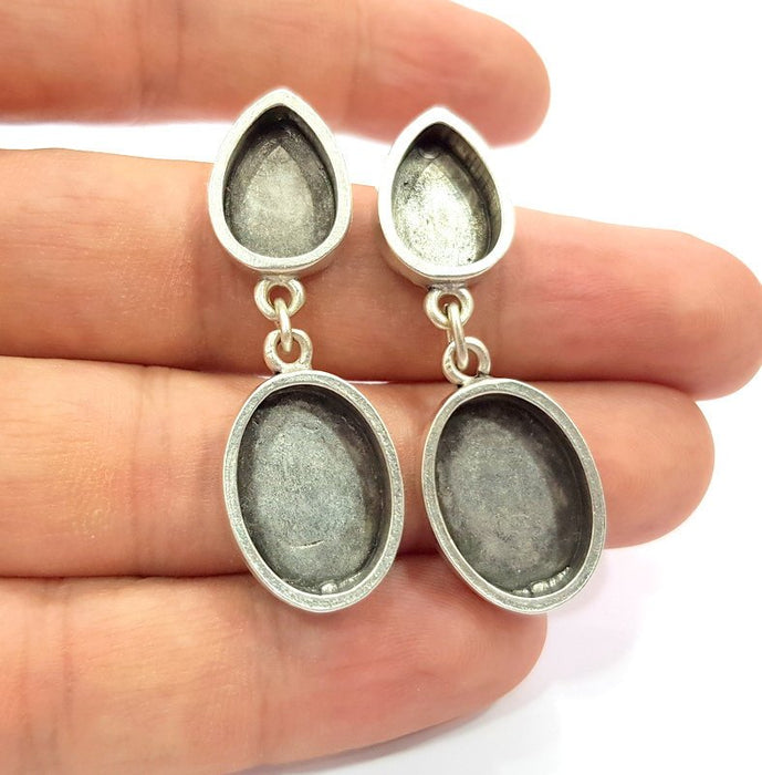 Earring Blank Base Settings Silver Resin Blank Cabochon Base inlay Blank Mountings Antique Silver Plated Metal (13x10+17x13mm) 1 Set  G14655