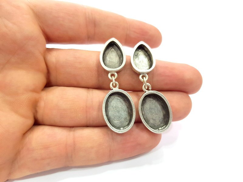 Earring Blank Base Settings Silver Resin Blank Cabochon Base inlay Blank Mountings Antique Silver Plated Metal (13x10+17x13mm) 1 Set  G14655