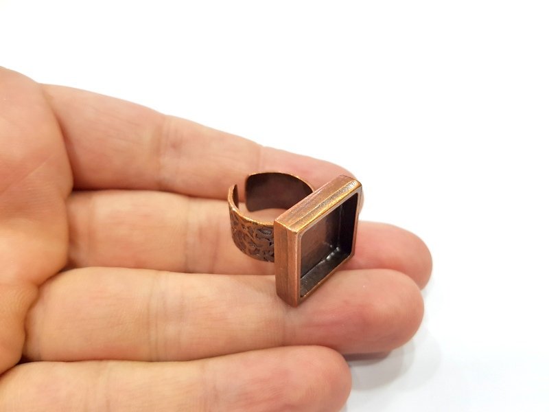 Copper Ring Blank Setting Cabochon Base inlay Ring Backs Mounting Adjustable Ring Base Bezel (16x16mm blank) Antique Copper Plated G15641